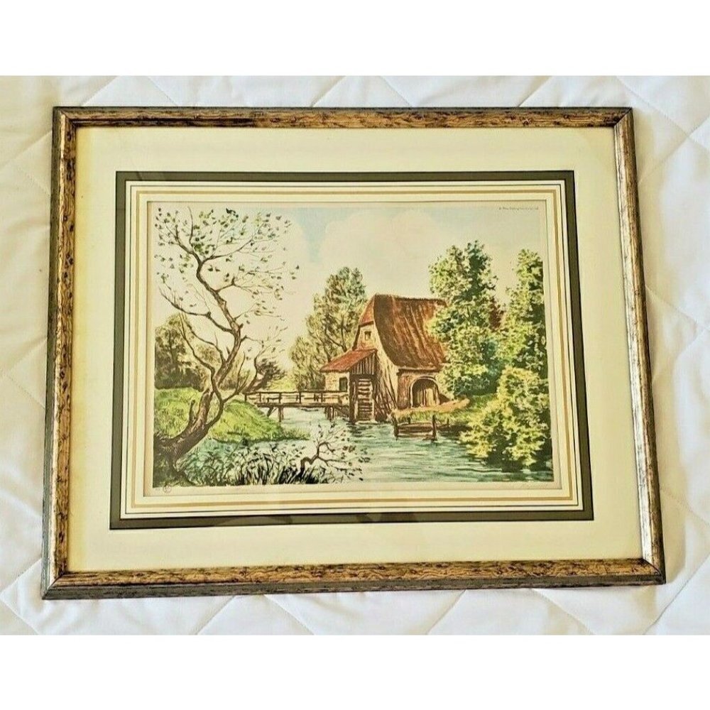 Vintage Signed Paris Etching Society Grist Mill Etching Print by Louis Raymoud